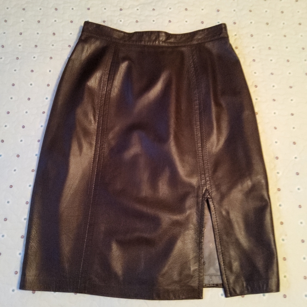 Vtg REMY Womens Brown Leather Skirt Sz 8 (4) Lined Slit RetroCore CorpCore Sexy